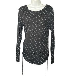 Michael Kors Black & White Logo Print Ruched Long Sleeve Top - Size Medium